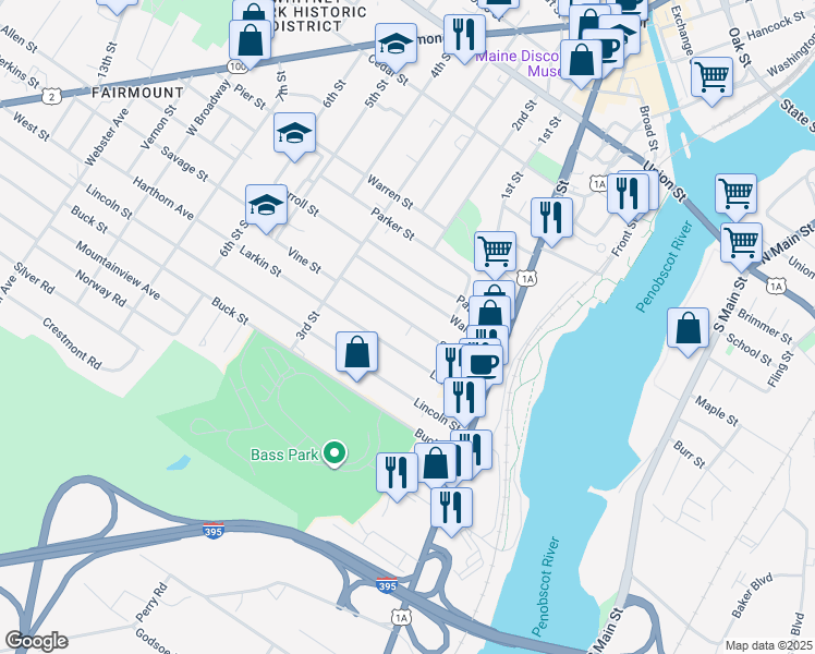 map of restaurants, bars, coffee shops, grocery stores, and more near 104 Sidney Street in Bangor