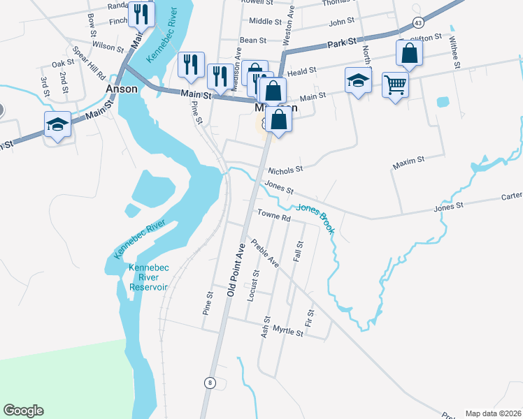 map of restaurants, bars, coffee shops, grocery stores, and more near 8 Towne Road in Madison