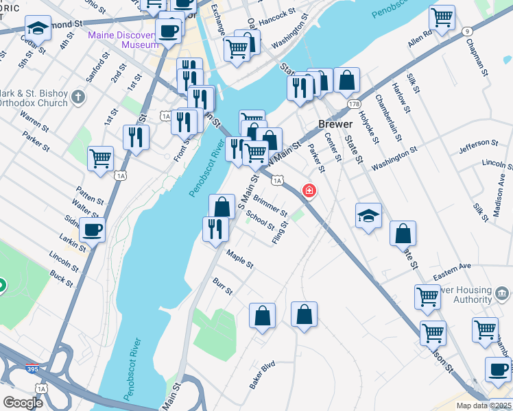 map of restaurants, bars, coffee shops, grocery stores, and more near 15 Brimmer Street in Brewer