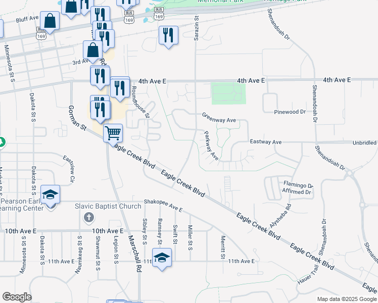 map of restaurants, bars, coffee shops, grocery stores, and more near 744 Sarazin Street in Shakopee