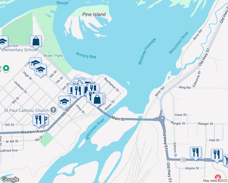map of restaurants, bars, coffee shops, grocery stores, and more near 204 2nd St in Mosinee