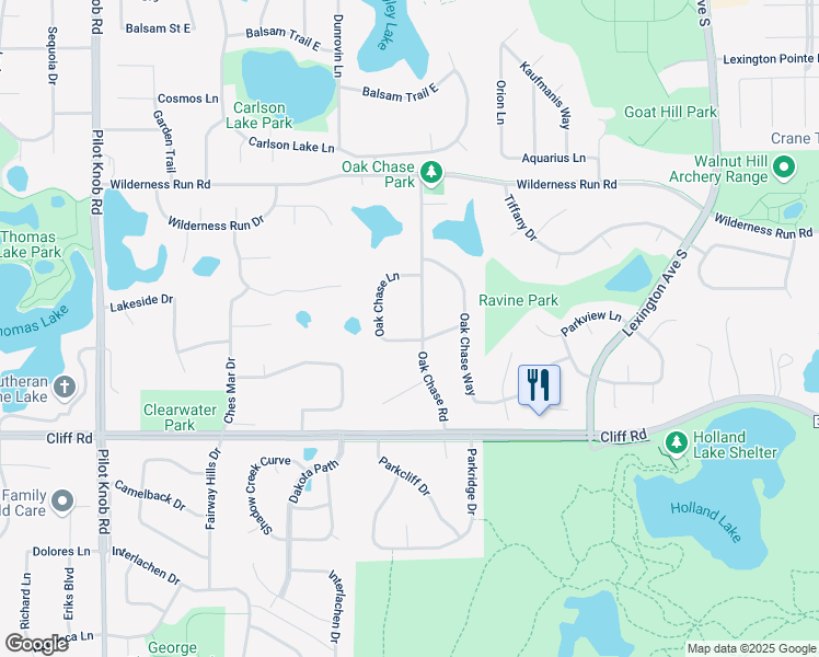 map of restaurants, bars, coffee shops, grocery stores, and more near 4515 Oak Chase Road in Eagan