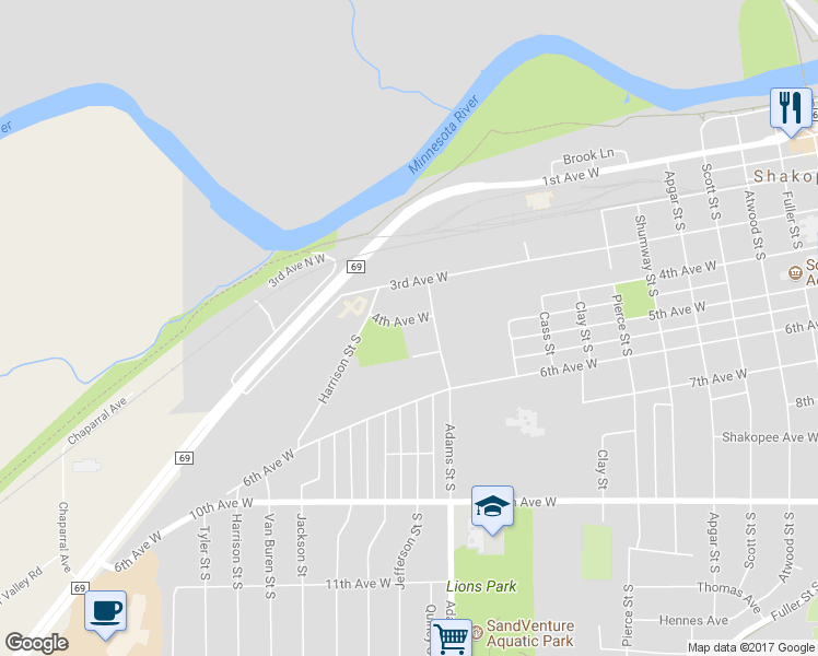 map of restaurants, bars, coffee shops, grocery stores, and more near 1260 4th Ave W in Shakopee