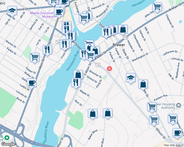 map of restaurants, bars, coffee shops, grocery stores, and more near 15 Brimmer Street in Brewer