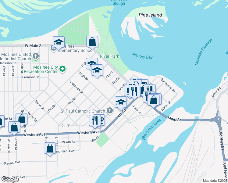 map of restaurants, bars, coffee shops, grocery stores, and more near 414 6th Street in Mosinee