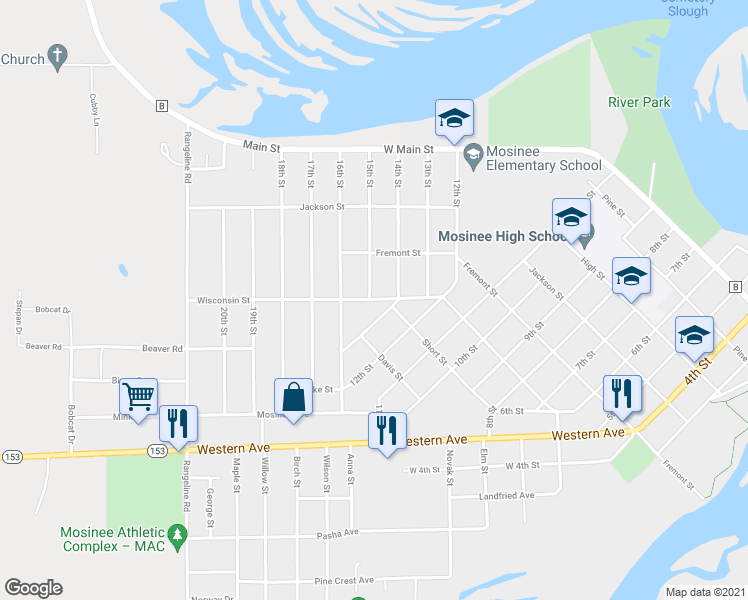 map of restaurants, bars, coffee shops, grocery stores, and more near 1425 Wisconsin Street in Mosinee
