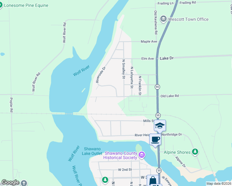 map of restaurants, bars, coffee shops, grocery stores, and more near 5603 Riverside Drive in Shawano