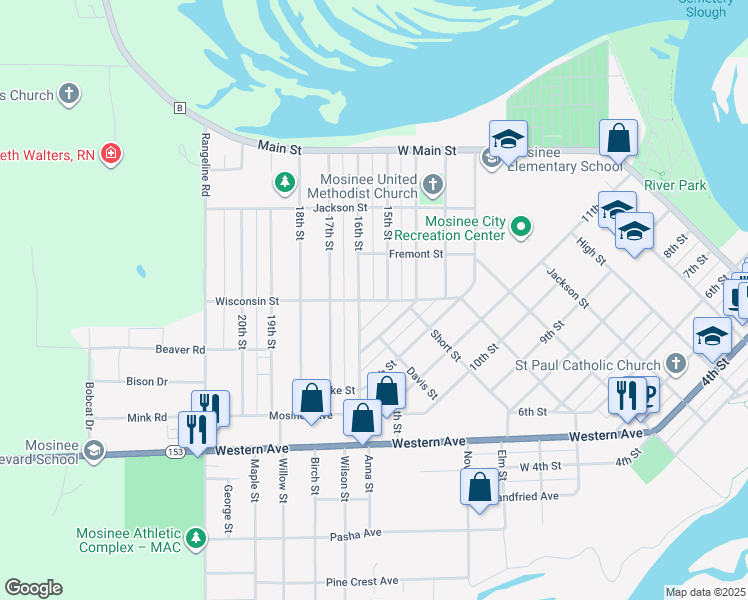 map of restaurants, bars, coffee shops, grocery stores, and more near 1003 14th Street in Mosinee