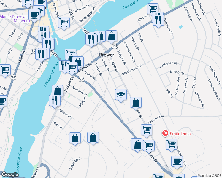 map of restaurants, bars, coffee shops, grocery stores, and more near 134 Union Street in Brewer