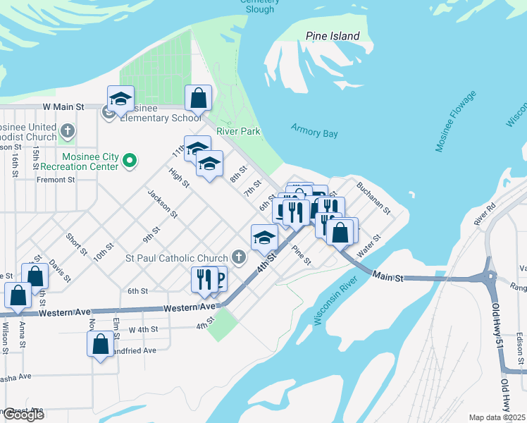 map of restaurants, bars, coffee shops, grocery stores, and more near 414 6th Street in Mosinee