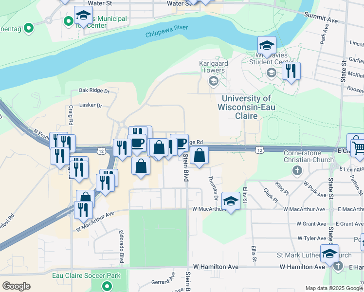 map of restaurants, bars, coffee shops, grocery stores, and more near 900 West Clairemont Avenue in Eau Claire