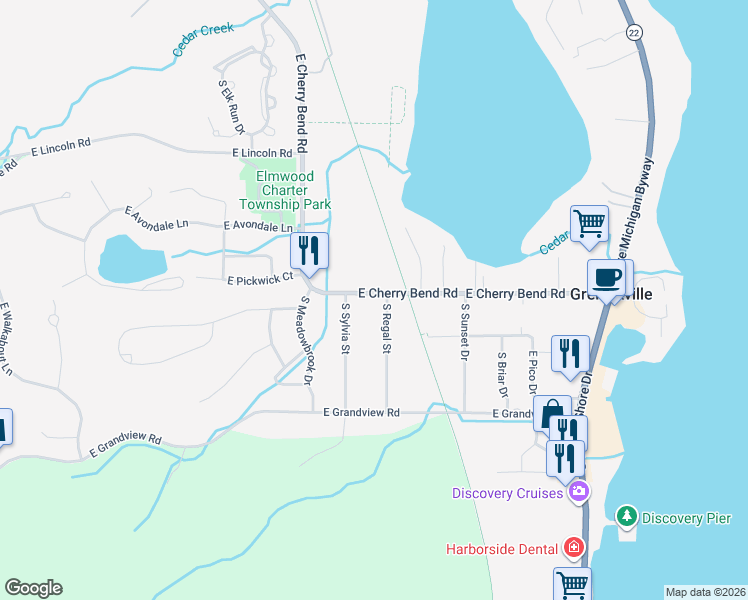 map of restaurants, bars, coffee shops, grocery stores, and more near 10350 East Cherry Bend Road in Traverse City