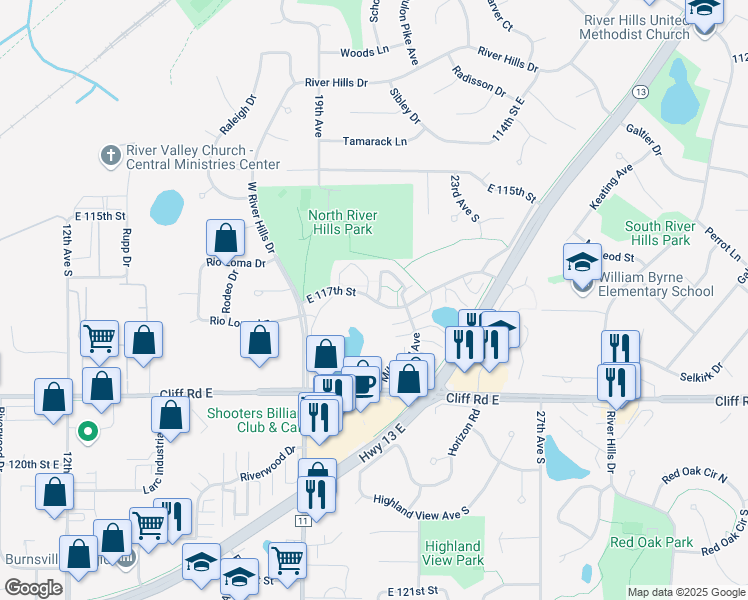 map of restaurants, bars, coffee shops, grocery stores, and more near 2201 East 117th Street in Burnsville