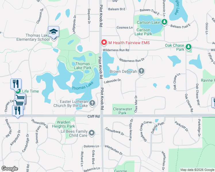 map of restaurants, bars, coffee shops, grocery stores, and more near 1392 Lakeside Circle in Eagan