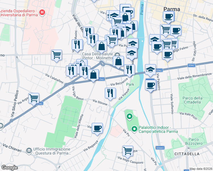 map of restaurants, bars, coffee shops, grocery stores, and more near 20-30 Via Stanislao Solari in Parma