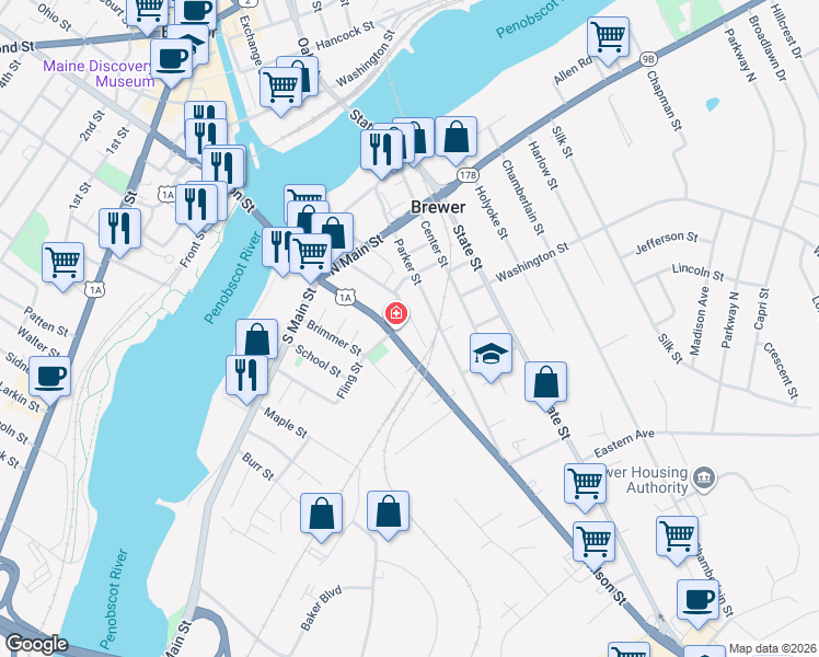 map of restaurants, bars, coffee shops, grocery stores, and more near 188 Wilson Street in Brewer