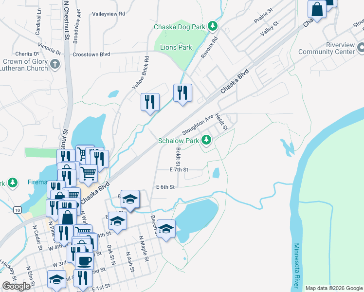 map of restaurants, bars, coffee shops, grocery stores, and more near 820 Boldt Street in Chaska