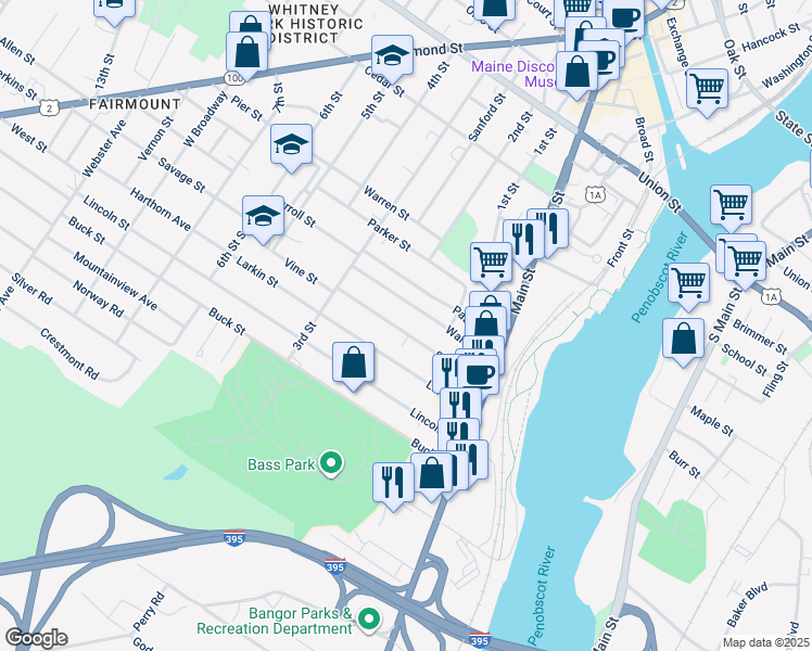 map of restaurants, bars, coffee shops, grocery stores, and more near 104 Sidney Street in Bangor