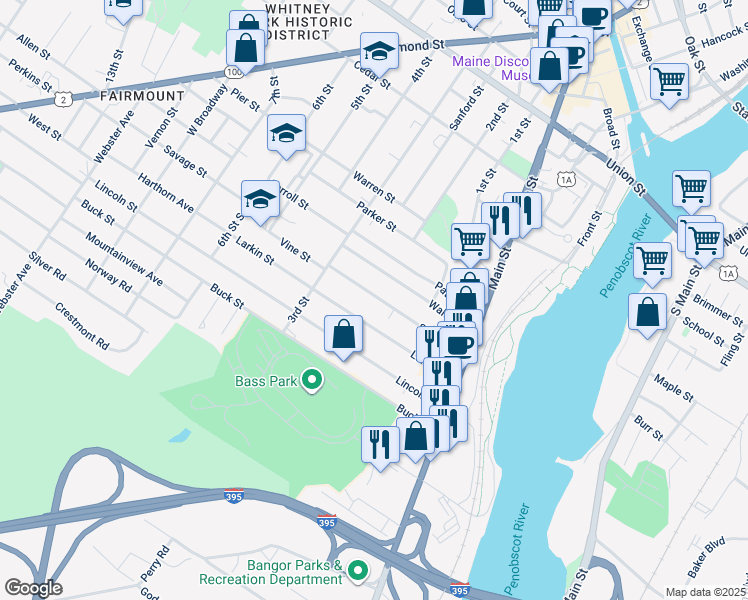 map of restaurants, bars, coffee shops, grocery stores, and more near 105 Larkin Street in Bangor