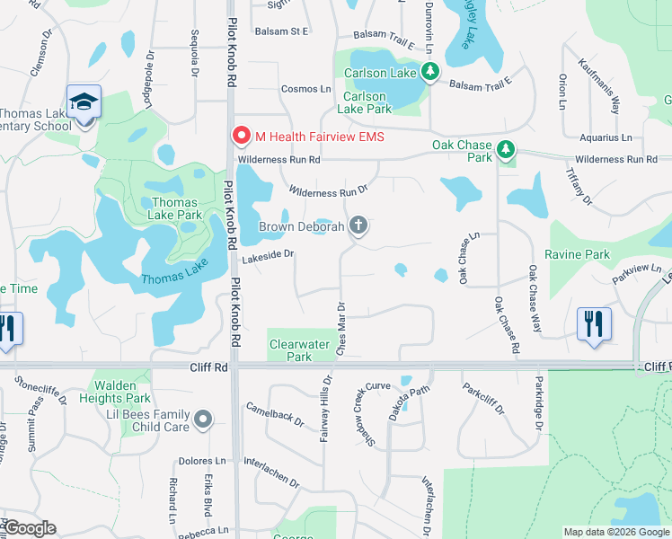map of restaurants, bars, coffee shops, grocery stores, and more near 4527 Ches Mar Drive in Eagan