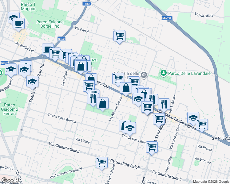 map of restaurants, bars, coffee shops, grocery stores, and more near 2 Via de Rossi Gian Bernardo in Parma