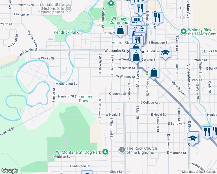 map of restaurants, bars, coffee shops, grocery stores, and more near 333 Kilbourne St in Sheridan