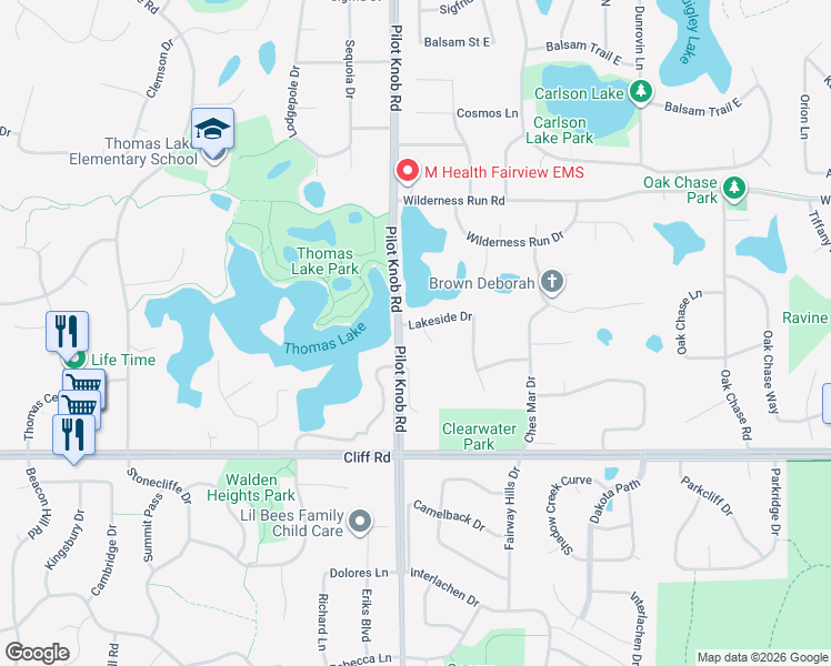 map of restaurants, bars, coffee shops, grocery stores, and more near 1392 Lakeside Circle in Eagan