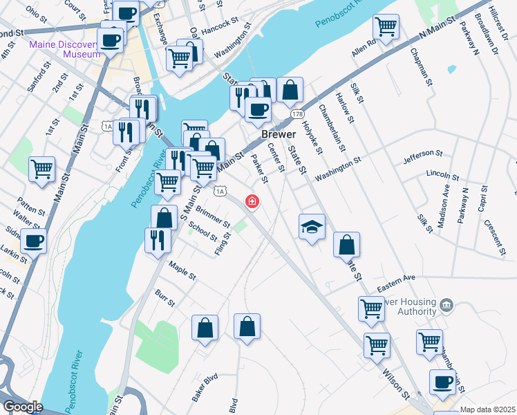 map of restaurants, bars, coffee shops, grocery stores, and more near 188 Wilson Street in Brewer