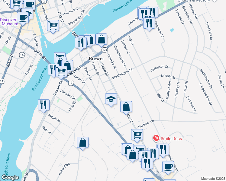 map of restaurants, bars, coffee shops, grocery stores, and more near 22 Somerset Street in Brewer