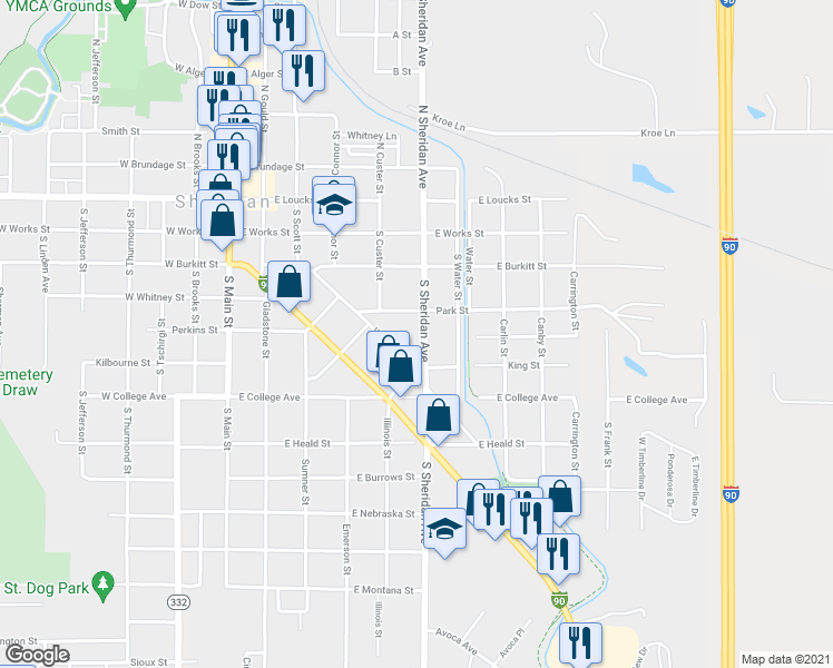 map of restaurants, bars, coffee shops, grocery stores, and more near 418 South Sheridan Avenue in Sheridan