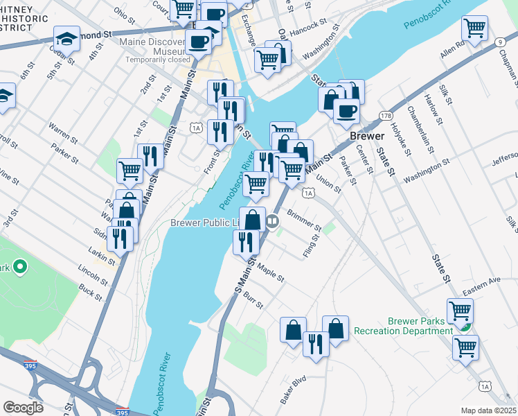 map of restaurants, bars, coffee shops, grocery stores, and more near 92 South Main Street in Brewer