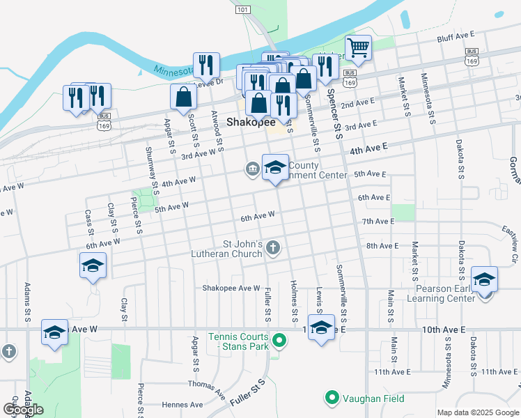 map of restaurants, bars, coffee shops, grocery stores, and more near 138 6th Avenue East in Shakopee