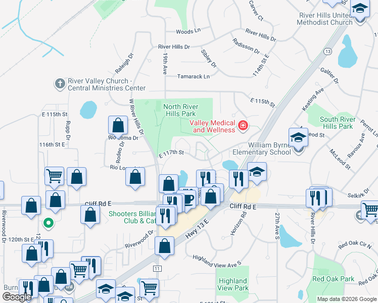 map of restaurants, bars, coffee shops, grocery stores, and more near 2109 East 117th Street in Burnsville