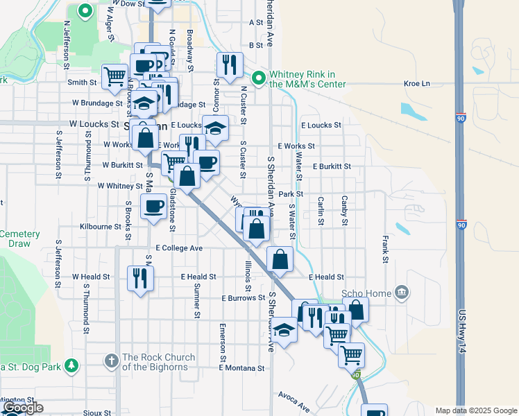 map of restaurants, bars, coffee shops, grocery stores, and more near 367 Wyoming Avenue in Sheridan