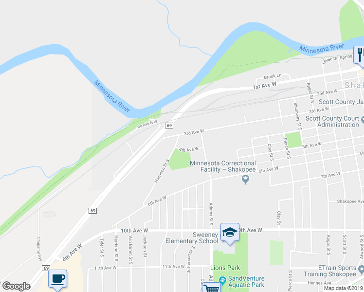 map of restaurants, bars, coffee shops, grocery stores, and more near 1260 4th Avenue West in Shakopee