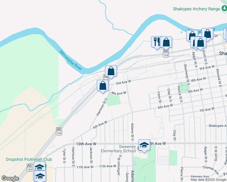 map of restaurants, bars, coffee shops, grocery stores, and more near 321 Harrison Street South in Shakopee