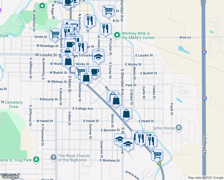 map of restaurants, bars, coffee shops, grocery stores, and more near 340 Wyoming Avenue in Sheridan