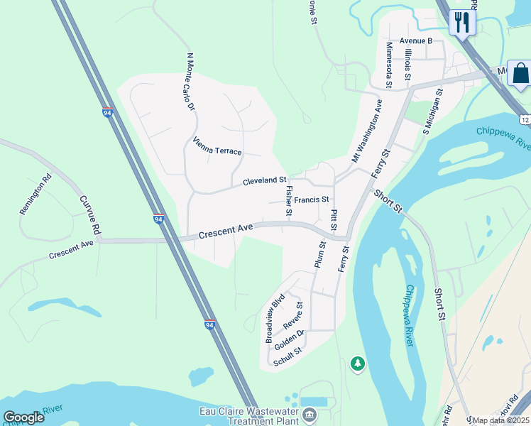 map of restaurants, bars, coffee shops, grocery stores, and more near 2041 Crescent Avenue in Eau Claire