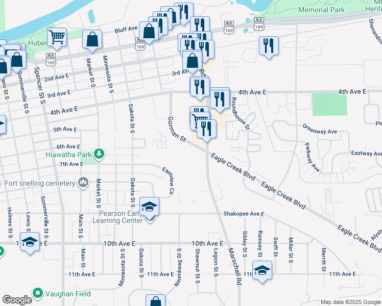 map of restaurants, bars, coffee shops, grocery stores, and more near 620 Gorman Street in Shakopee