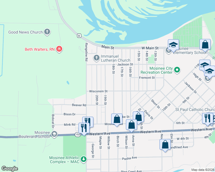 map of restaurants, bars, coffee shops, grocery stores, and more near 900-902 19th Street in Mosinee