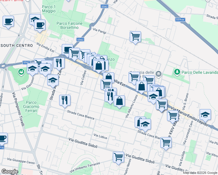 map of restaurants, bars, coffee shops, grocery stores, and more near 34 Via Carlo Malaspina in Parma