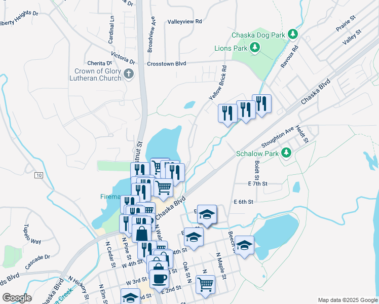 map of restaurants, bars, coffee shops, grocery stores, and more near 976 Yellow Brick Road in Chaska