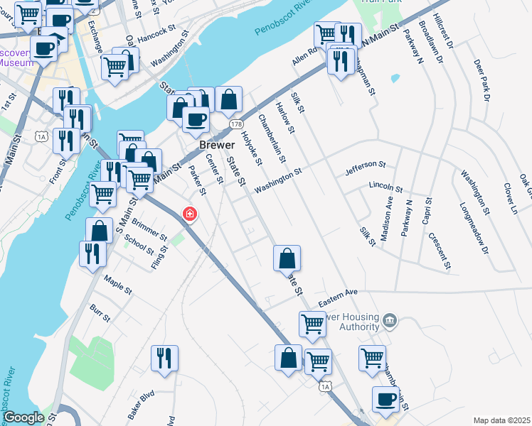 map of restaurants, bars, coffee shops, grocery stores, and more near 77 Holyoke Street in Brewer