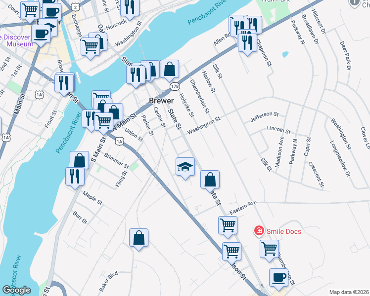 map of restaurants, bars, coffee shops, grocery stores, and more near 8 Washington Street in Brewer