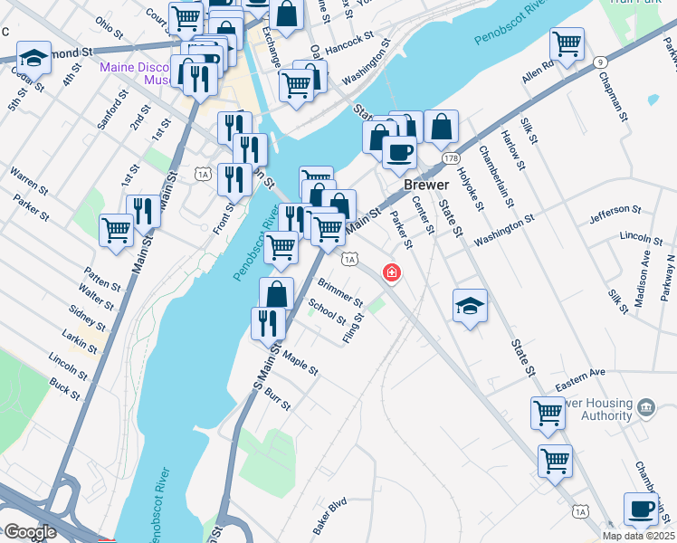 map of restaurants, bars, coffee shops, grocery stores, and more near 20 State Route 9 in Brewer