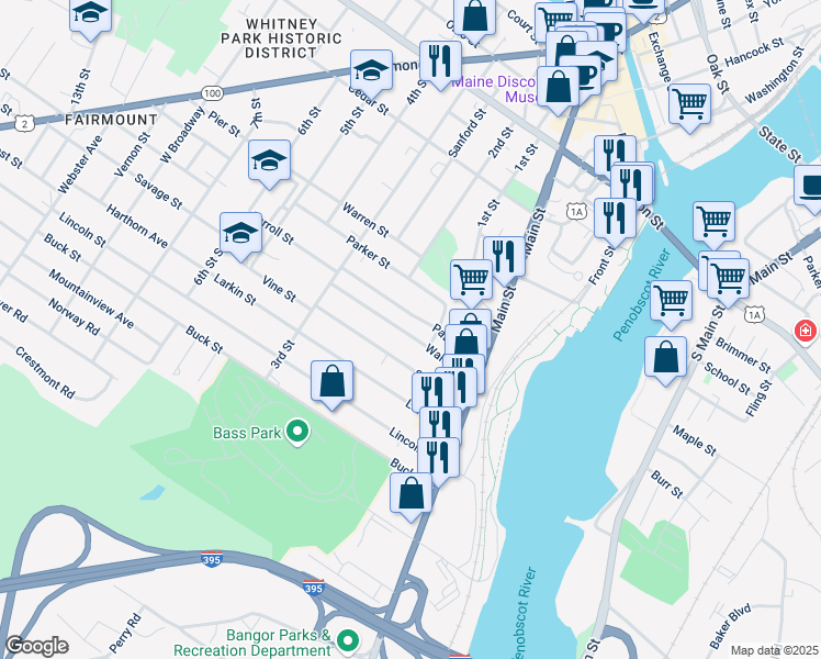 map of restaurants, bars, coffee shops, grocery stores, and more near 22 Parker Street in Bangor