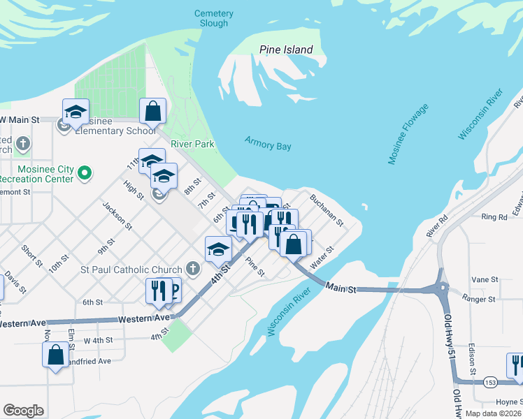 map of restaurants, bars, coffee shops, grocery stores, and more near 303 5th Street in Mosinee