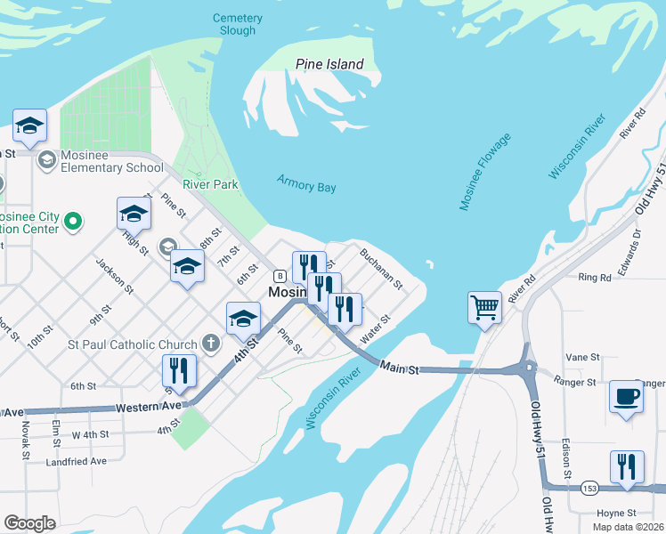 map of restaurants, bars, coffee shops, grocery stores, and more near 207 4th Street in Mosinee