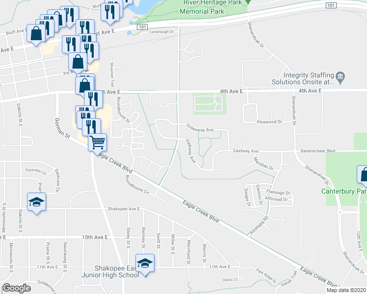 map of restaurants, bars, coffee shops, grocery stores, and more near 1868 Parkway Avenue in Shakopee