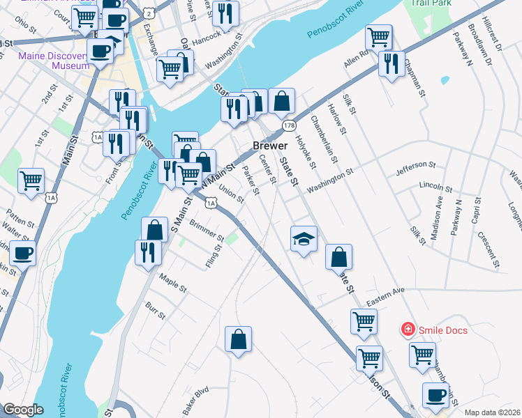 map of restaurants, bars, coffee shops, grocery stores, and more near 68 Parker Street in Brewer